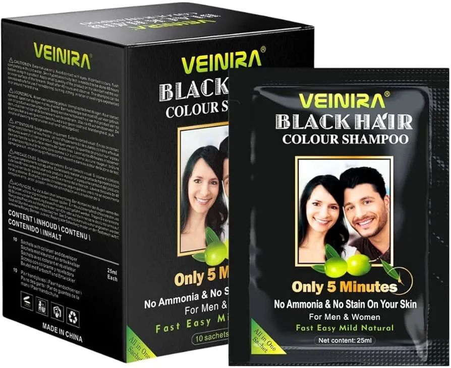Veinira Black Hair Colour Shampoo For Men & Women 250ml (10 sachets x 25ml)