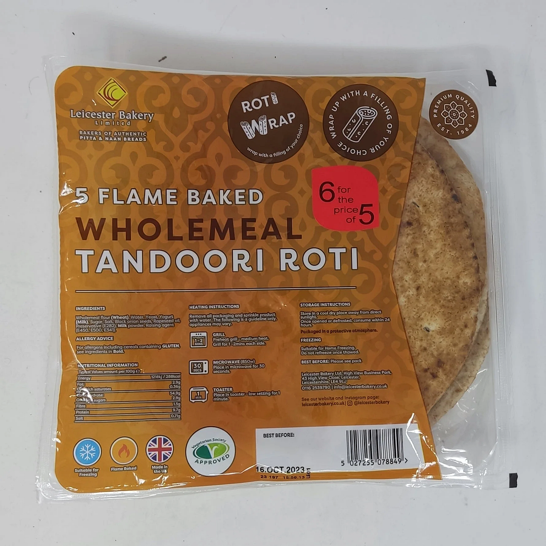 Leicester Bakery Wholemeal Tandoori Roti Flame Baked (5 pcs)