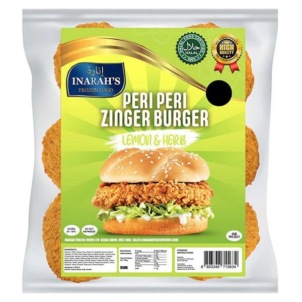 Inarah's Peri Peri Zinger Burger Lemon And Herb 500g