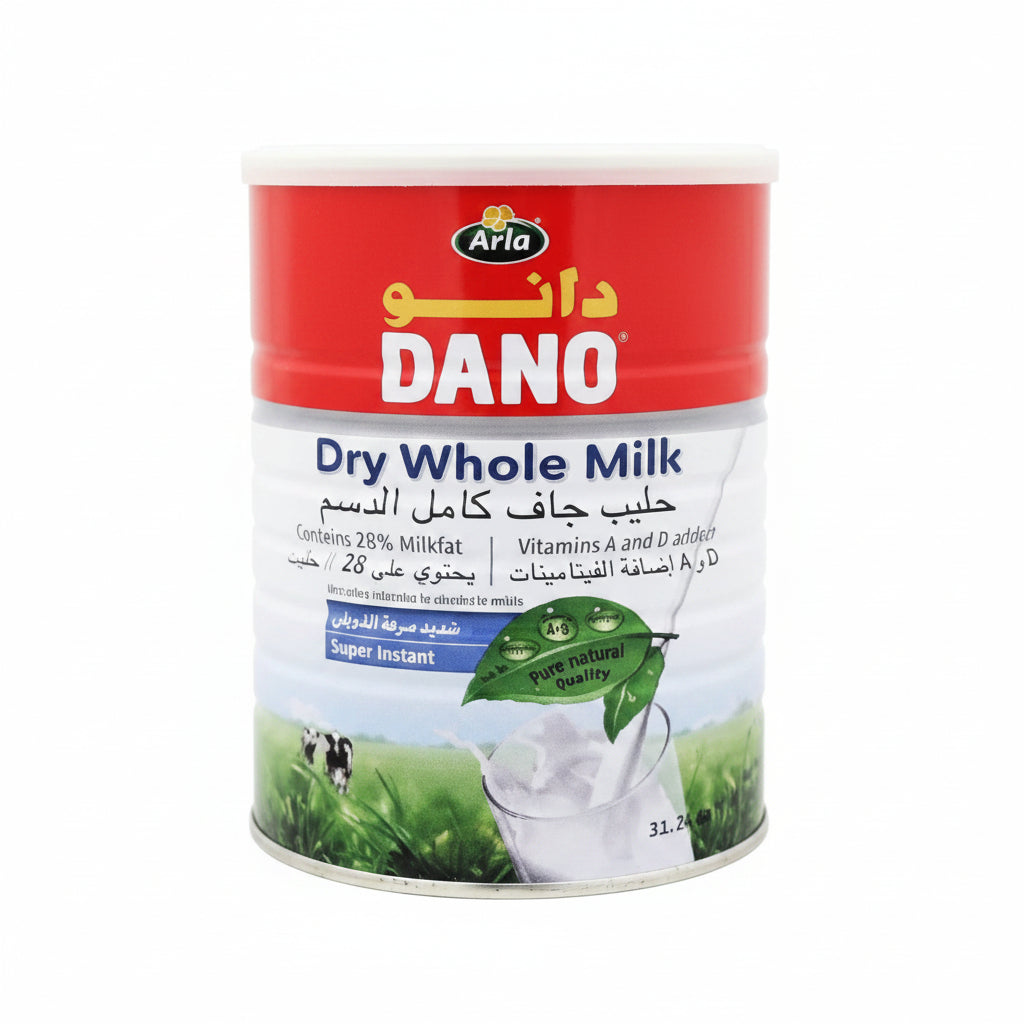 Dano dry whole milk container with Arla logo on a white background