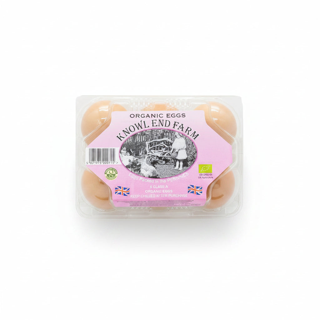 Pack of organic eggs from Knowl End Farm with a pink label.