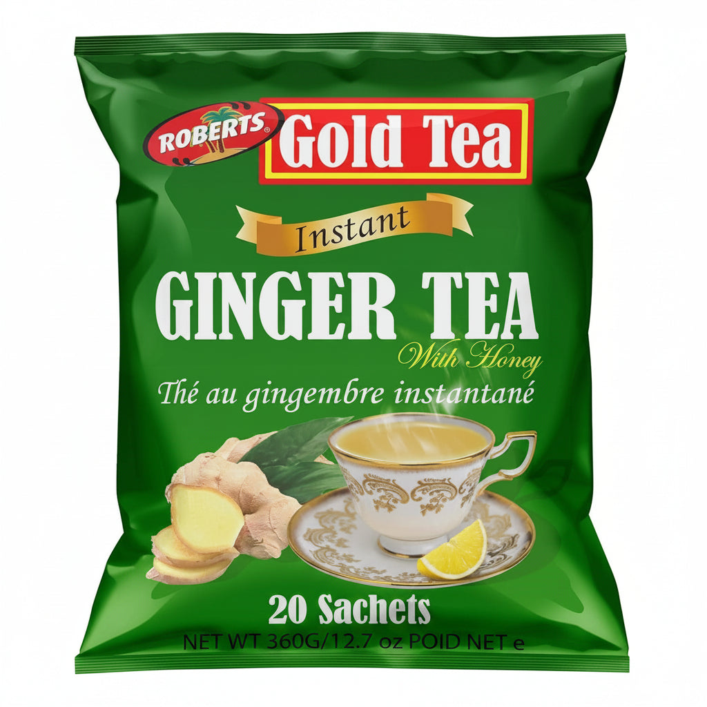 Pack of Roberts Gold Tea Instant Ginger Tea with Honey on a green background