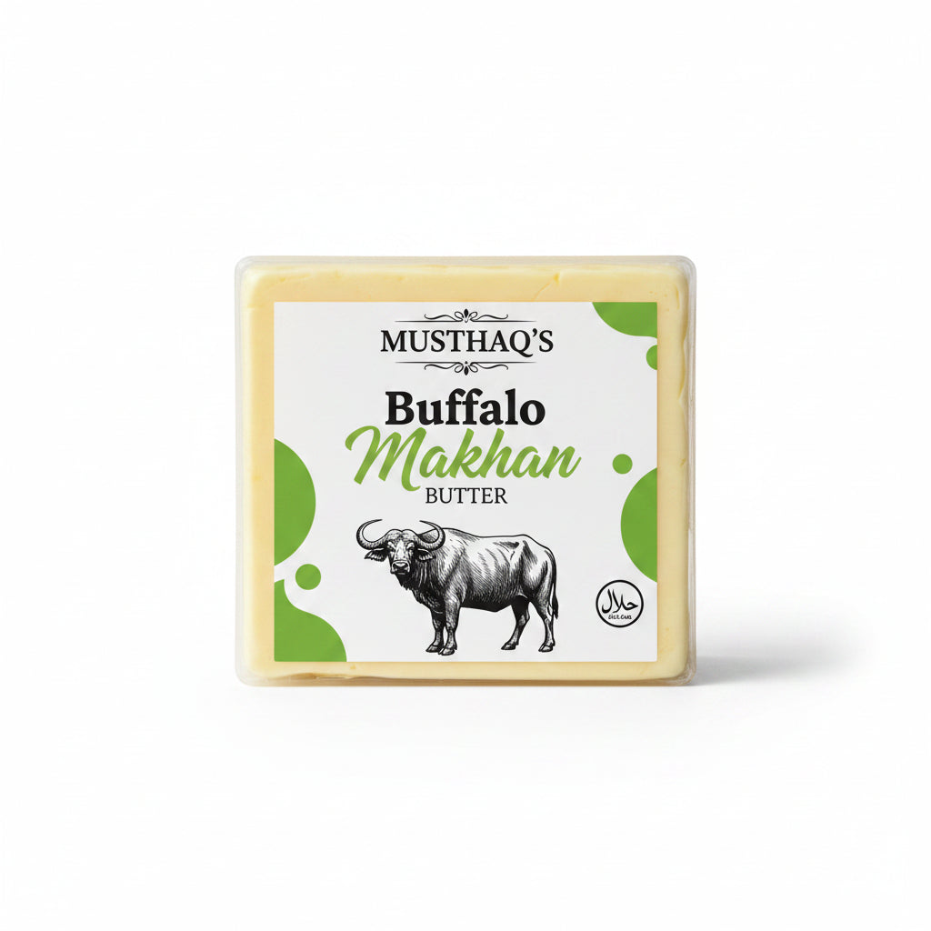 Packaged butter with 'Hushtaqs' branding and a cow illustration on a white background