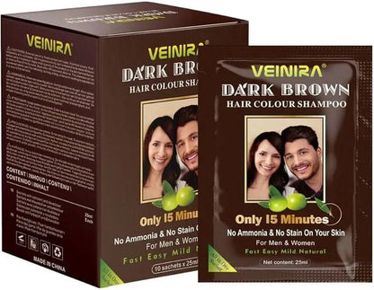 Veinira Dark Brown Hair Colour Shampoo For Men & Women 250ml (10 sachets x 25ml)