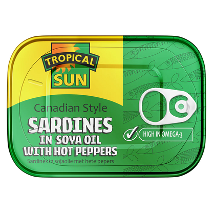 Tropical Sun Canadian Style Sardines In Soya Oil With Hot Peppers 160g