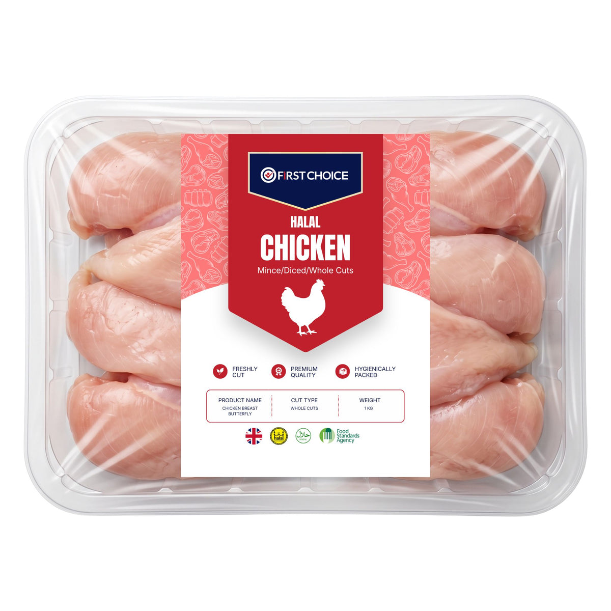 Freshly cut chicken breast butterfly in 1kg packing