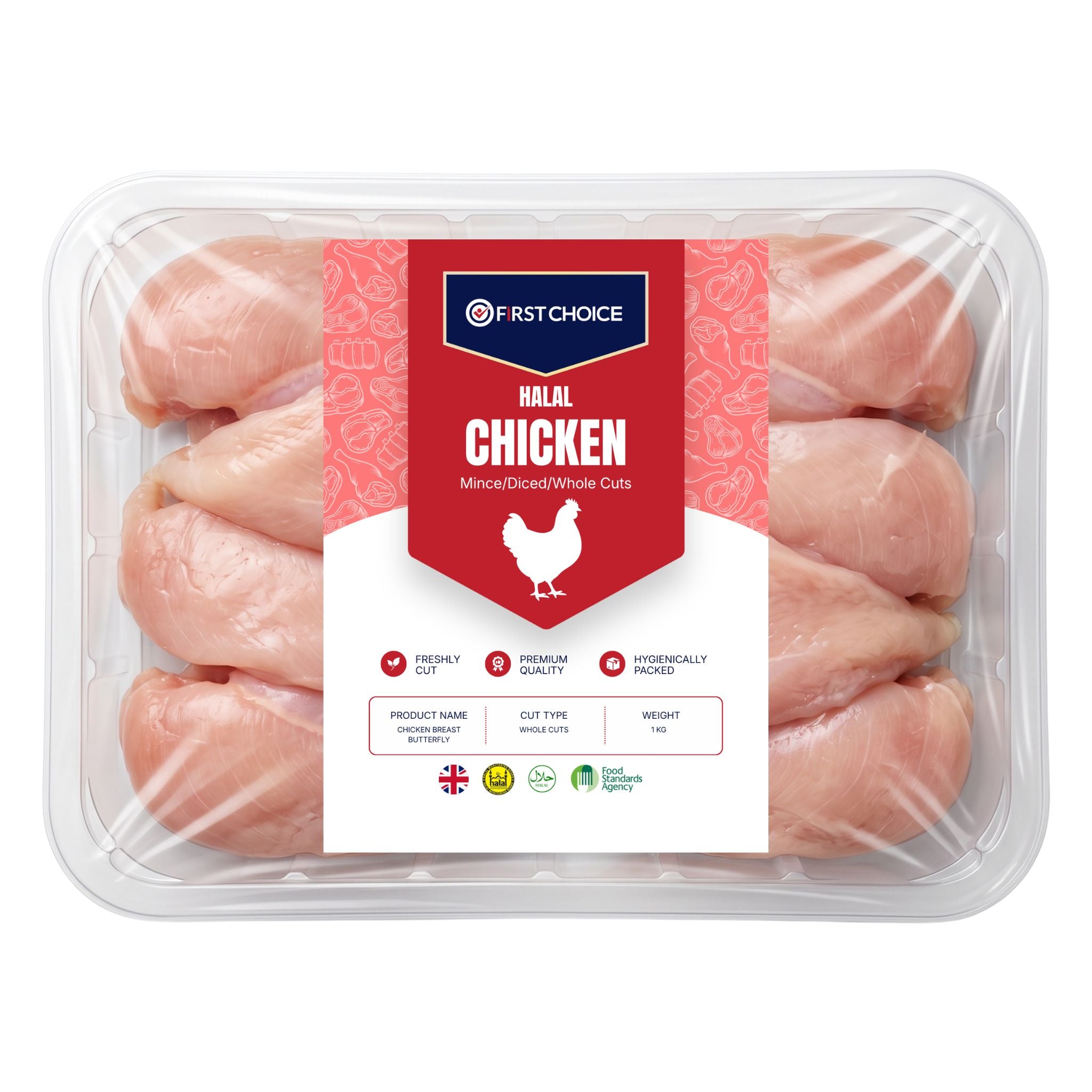 Freshly cut chicken breast butterfly in 1kg packing