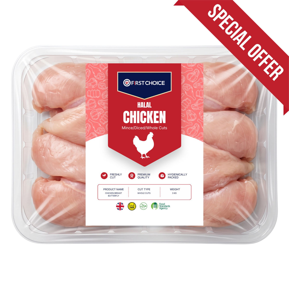 Freshly cut chicken breast butterfly in 3kg packing