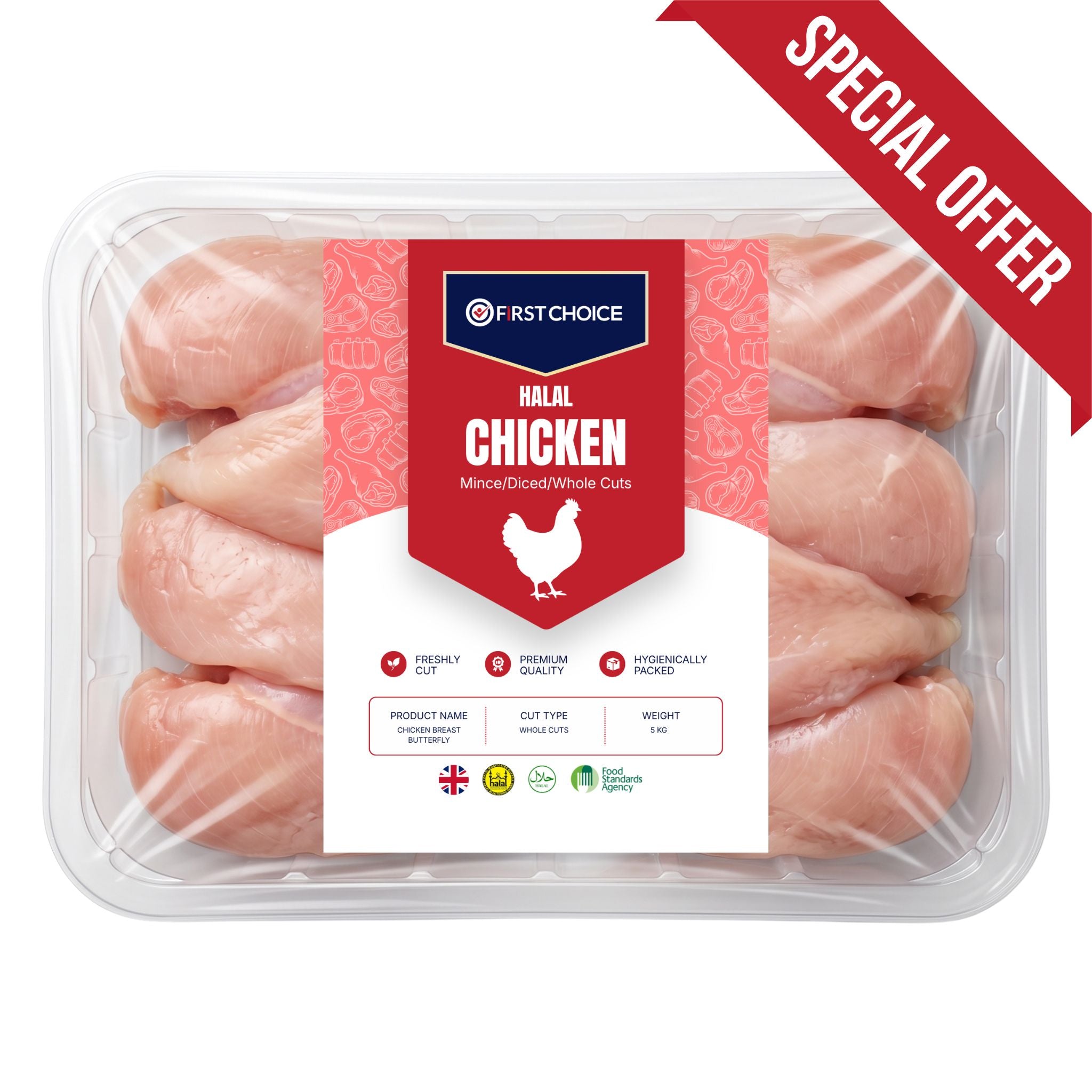 Freshly cut chicken breast butterfly in 5kg packing