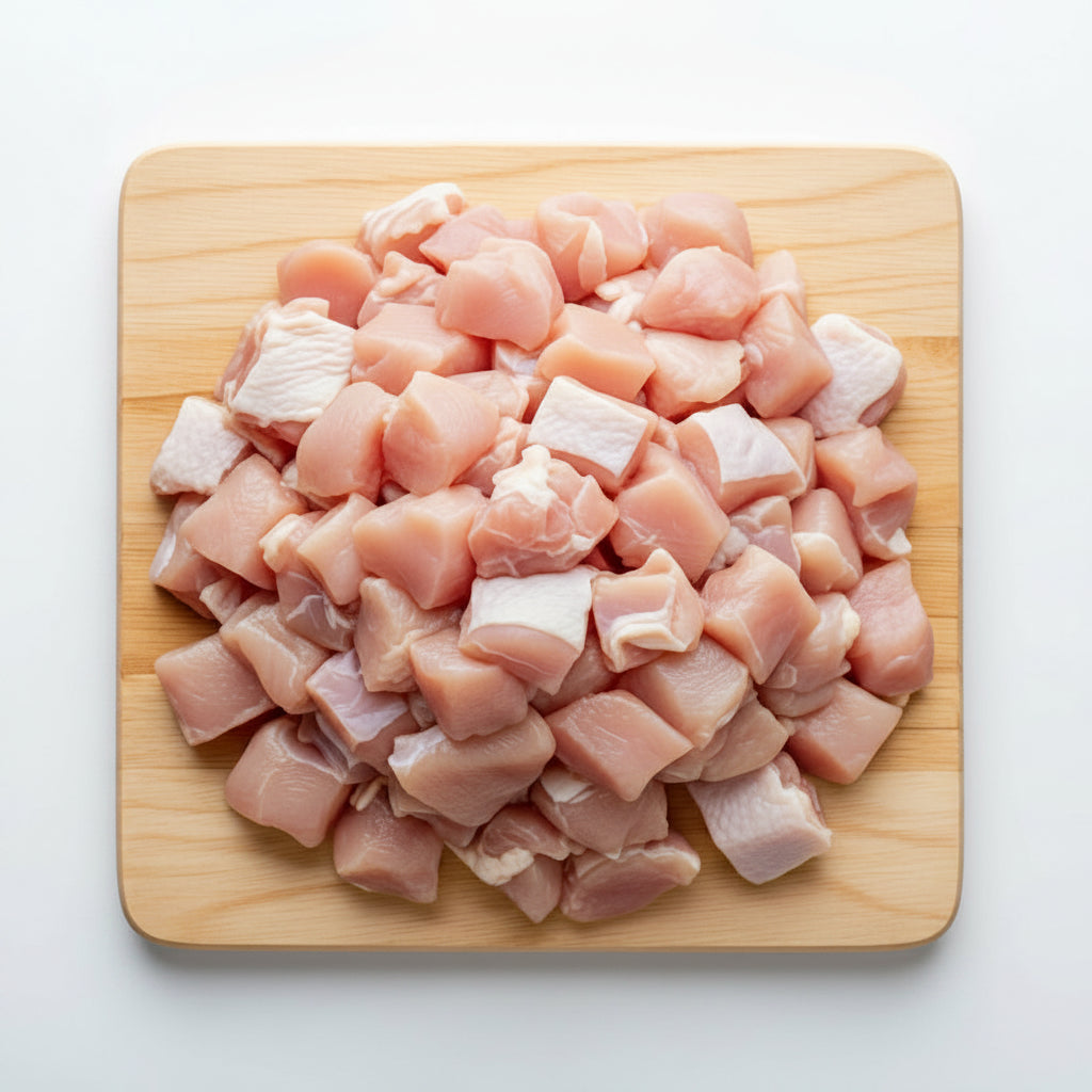 Diced raw chicken on a wooden cutting board with a white background