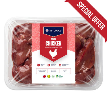 A clear plastic tray of First Choice Halal Chicken Liver with a red and white label on the front. A red diagonal banner in the top right corner reads 'SPECIAL OFFER'.