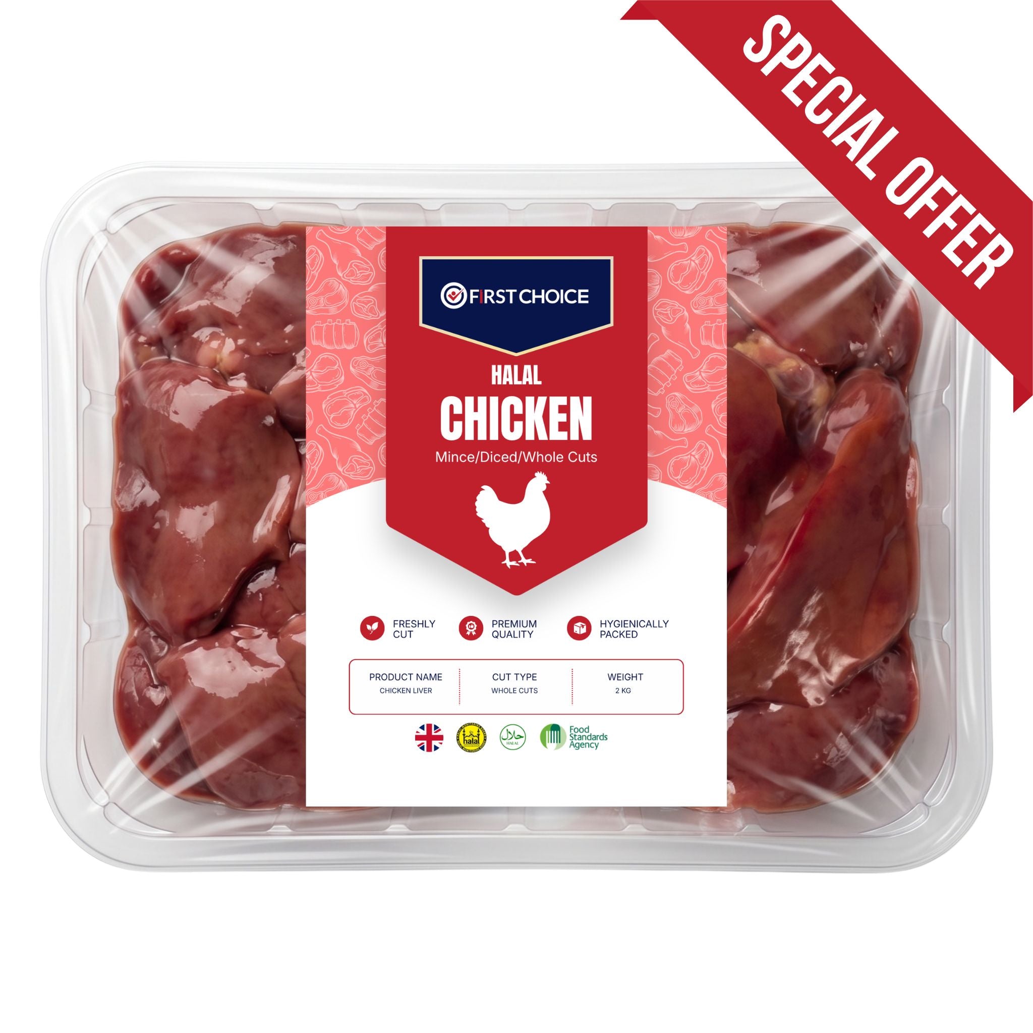 A clear plastic tray of First Choice Halal Chicken Liver with a red and white label on the front. A red diagonal banner in the top right corner reads 'SPECIAL OFFER'.