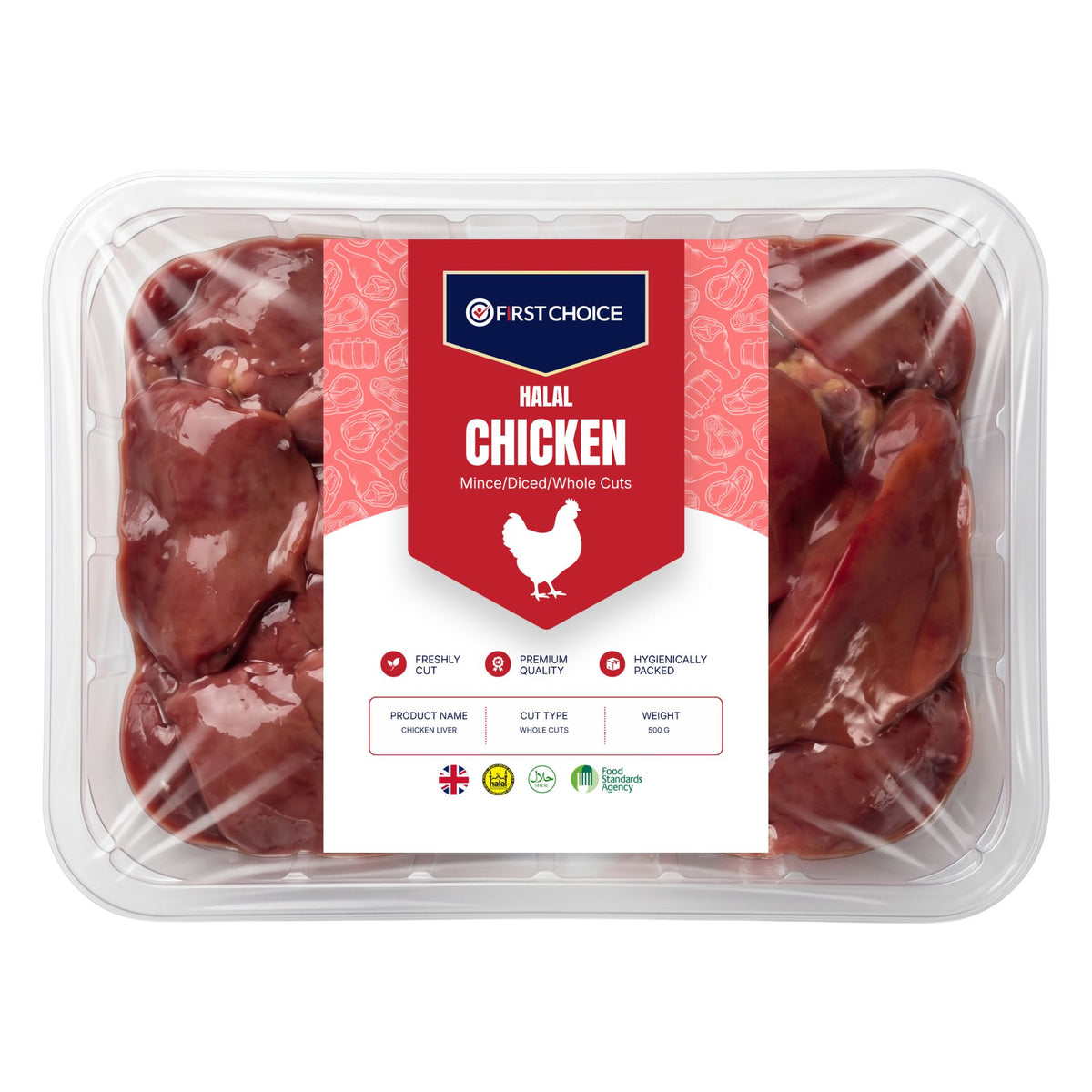 A clear plastic tray of First Choice Halal Chicken Liver with a red and white label on the front.