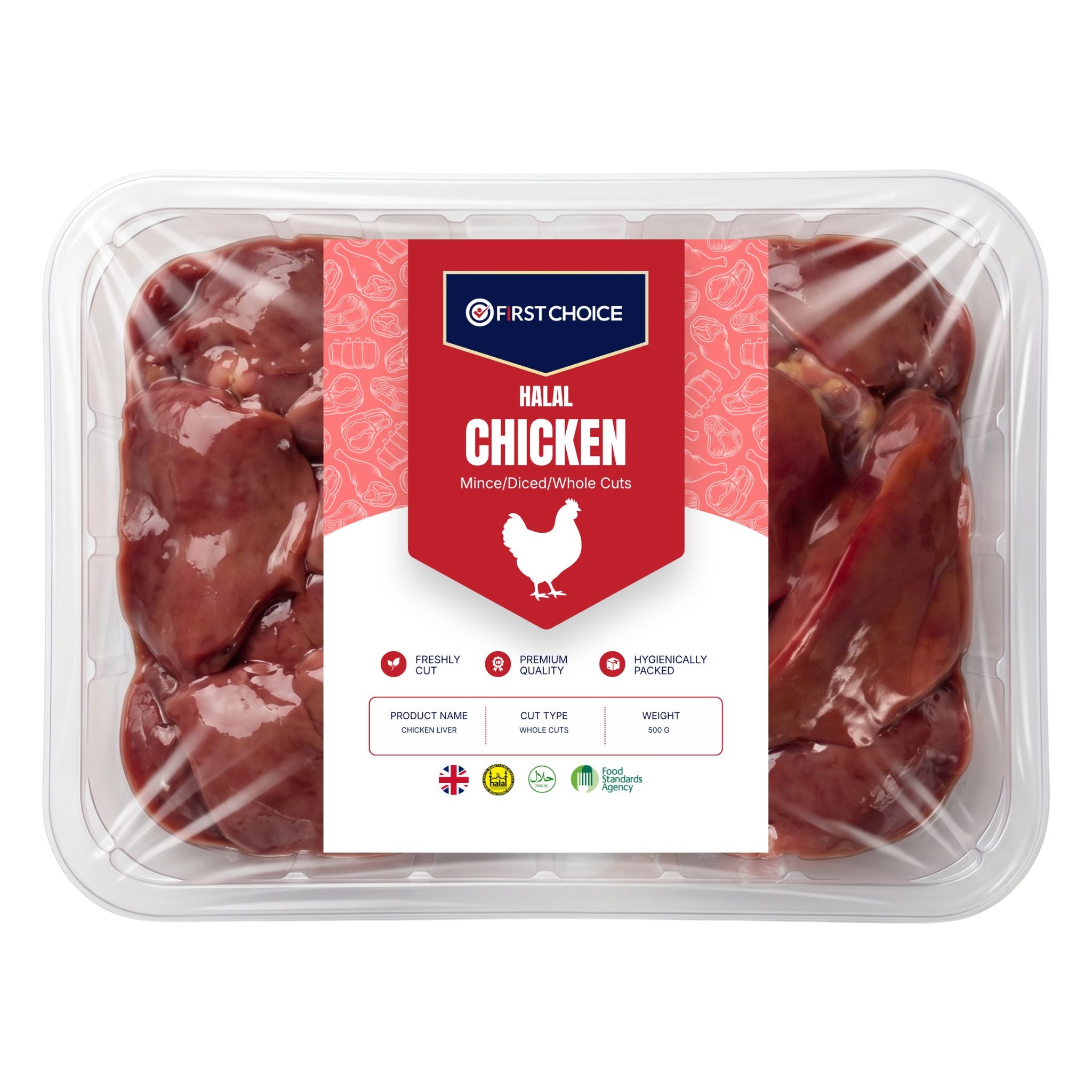 A clear plastic tray of First Choice Halal Chicken Liver with a red and white label on the front.