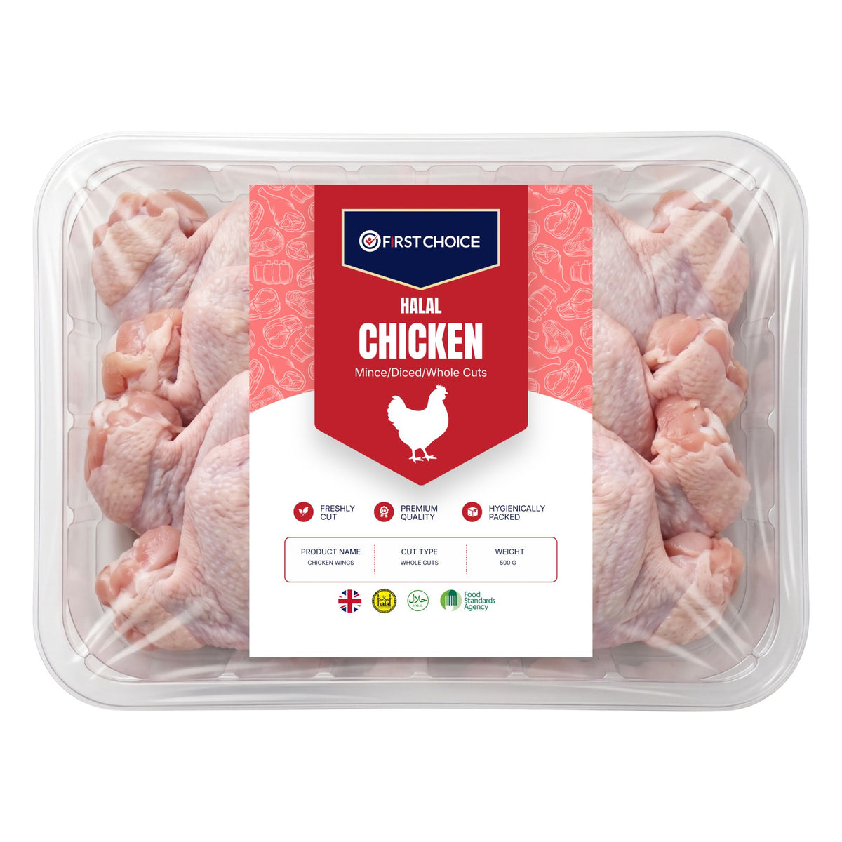 A clear plastic tray of First Choice Halal Chicken Mince/Diced/Whole Cuts, showing the raw pink chicken pieces inside with a red and white label in the center.