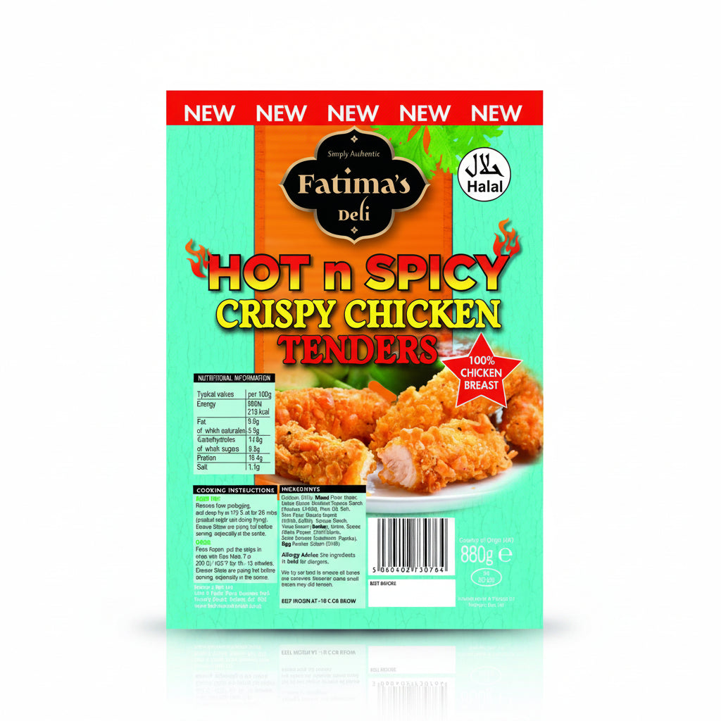 Package of Fatima's Deli Hot n Spicy Crispy Chicken Tenders with nutritional information and ingredients listed.