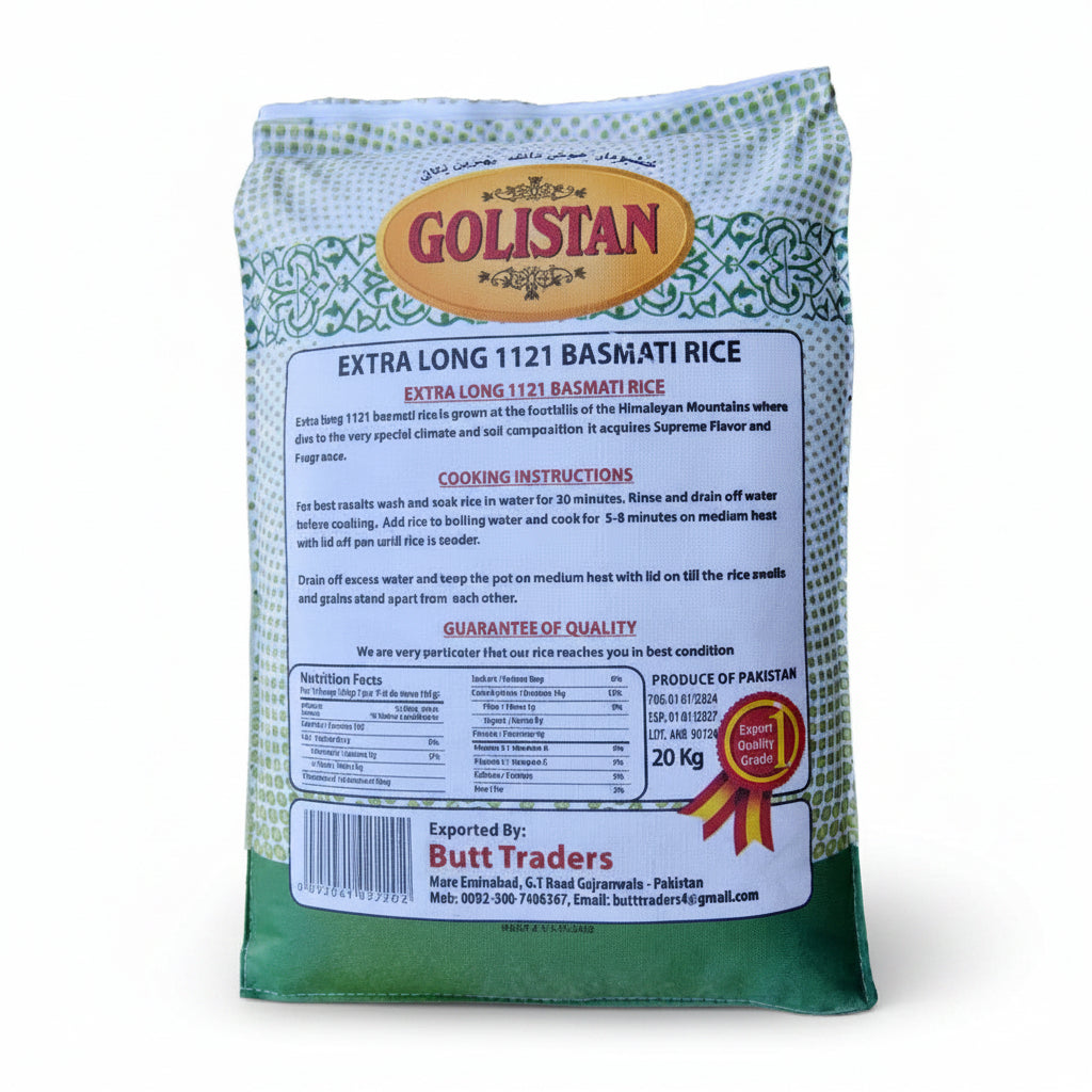 Bag of Golistan Extra Long 1121 Basmati Rice with label on a white background