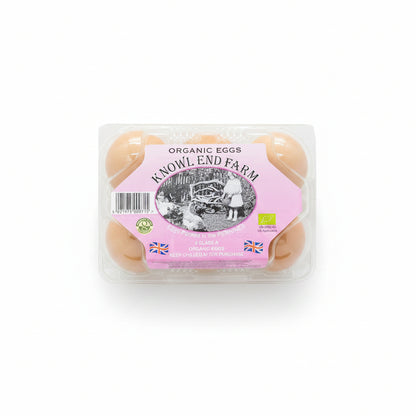 Pack of organic eggs from Knowl End Farm with a pink label.