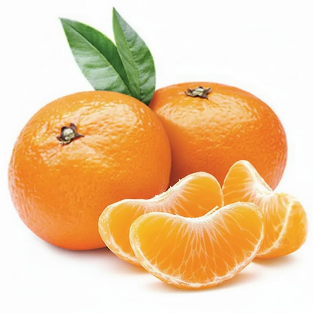 Two wholenadorcott oranges and two slices on a white background
