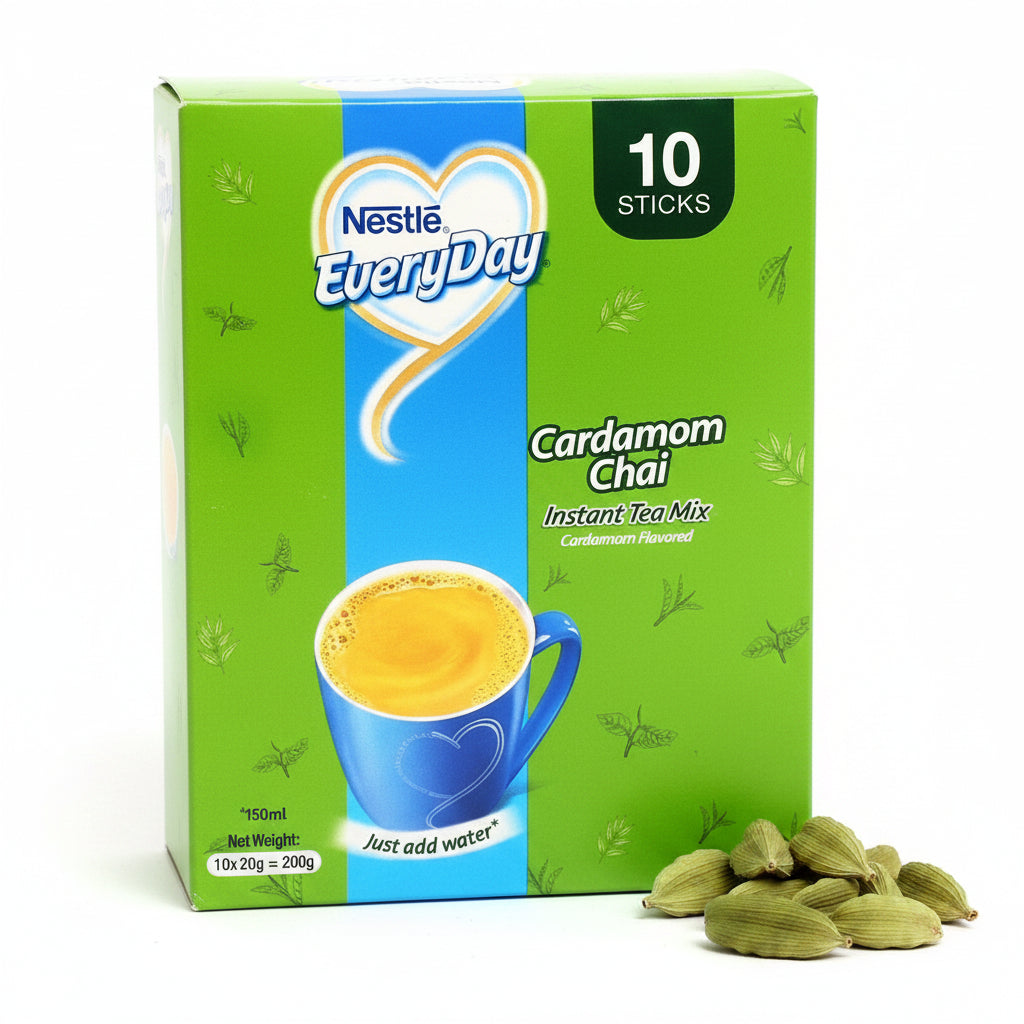 Nestle Everyday Cardamom Chai instant tea mix packaging with a cup of tea and cardamom beans on a white background.