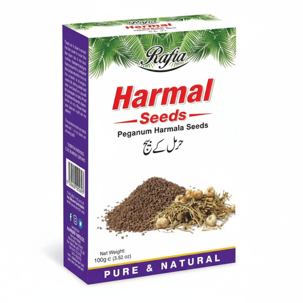 Box of Harmal Seeds with visible text and images on a white background